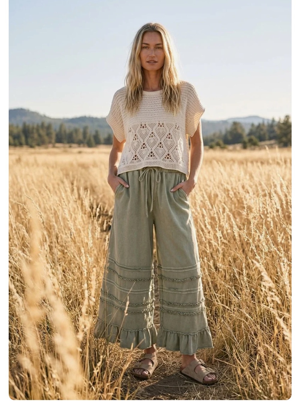 New: Easel Maggie Terry Mineral Wash Frill Trim Ruffle Hem Wide Leg Pants• Small